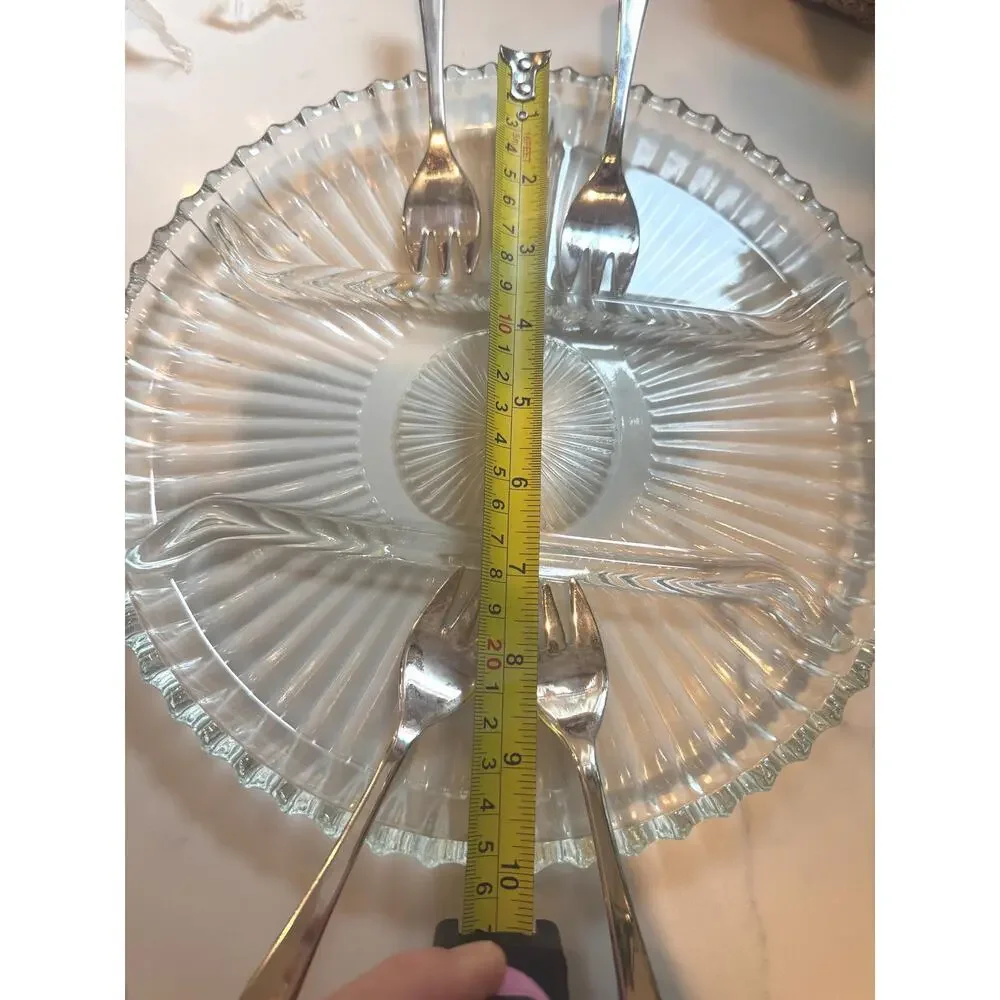 Vintage Mid-century Glass Relish Platter Dish with 4 Silver Appetizer Forks